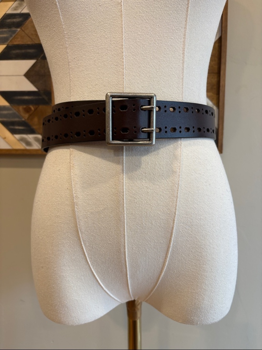 Vintage Ralph Lauren Double Prong Perforated Brown Bonded Leather Belt sz Medium